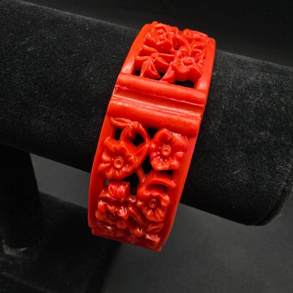 Red Carved Plastic Floral Bracelet Bangle Vintage Jewelry